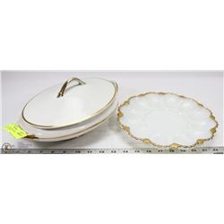 LOT OF MILK GLASS DEVILED EGG DISH AND BULARS