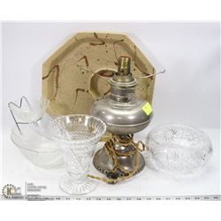 ESTATE BOX OF GLASS WARE SERVING DISH AND OIL