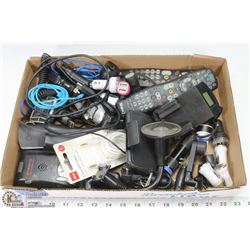 FLAT OF ELECTRONICS INCLUDES 2 SHAW REMOTES, POWER