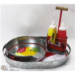 COCA COLA TIN SERVING TRAY WITH NAPKIN HOLDER