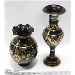 2 BLACK AND BRASS VASES