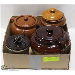 LOT OF 3 BEAN POTS AND 1 MINI CROCK