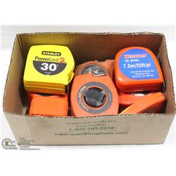 BOX OF ASSORTED TAPE MEASURES.