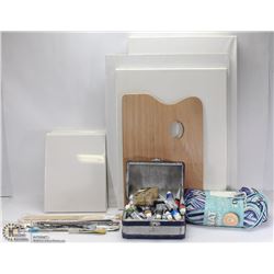 LARGE LOT OF ART SUPPLIES INCL ACRYLIC PAINTS, 7