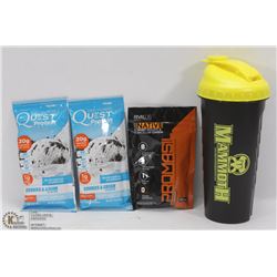 NEW MAMMOTH SHAKER CUP W/ 2 QUEST PROTEIN SHAKES