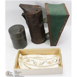 BEE SMOKER, ANTIQUE TEA CADDY, ANTIQUE SATIN