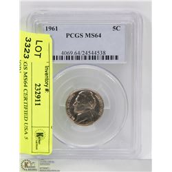 1961 PCGS MS64 CERTIFIED USA 5 CENT COIN.