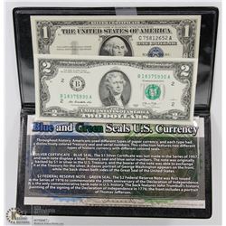 BLUE & GREEN SEAL $1.00 & $1.00 BILL SET.