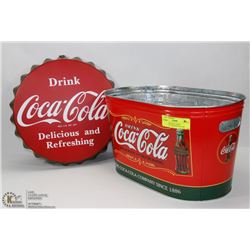 COCA-COLA OVAL PARTY BEVERAGE TUB & BOTTLE CAP.