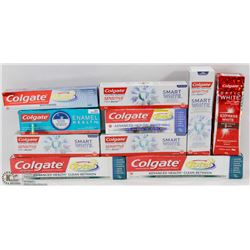 LOT OF 9 ASSORTED COLGATE TOOTHPASTE.