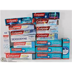 LARGE BAG OF ASSORTED COLGATE TOOTHPASTES.