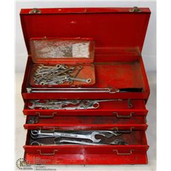 RED METAL TOOL BOX FULL OF BOX AND OPEN END