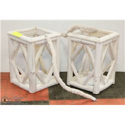 2 RUSTIC WOOD PATIO LIGHT HOLDERS.