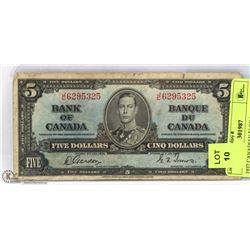 1937 CANADIAN $5 BILL
