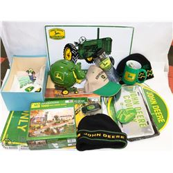 LARGE BOX OF JOHN DEERE COLLECTIBLES INCL
