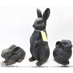 3 HEAVY RESIN BLACK RABBITS.