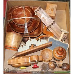 ESTATE BOX OF WOOD COLLECTIBLES INCL ROLLING DUCK