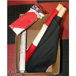 2 LARGE CANADA FLAGS, 1 NEW AND 3 ROLLS OF ART