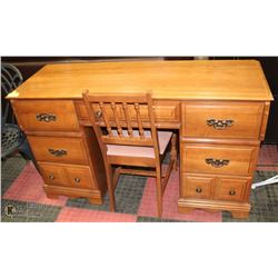 WOOD DESK AND CHAIR , DESK HAS 7 DRAWERS