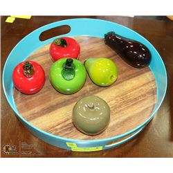 LARGE TRAY FILLED WITH GLASS FRUIT