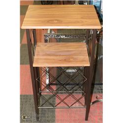 WOOD AND CAST IRON WINE RACK.