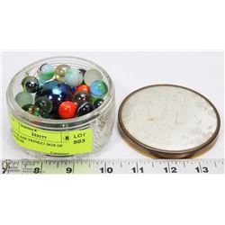 OLD GLASS TRINKET BOX OF MARBLES
