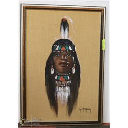 7) MEDICINE WOMAN ON BURLAP, WHITE FEATHERTAIL