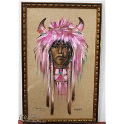 5) "MEDICINE MAN" WITH PINK HEAD DRESS ON BURLAP