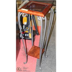 WROUGHT IRON , WOOD AND GLASS ENTRY TABLE/PLANT