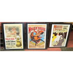 3 FRAMED MOULIN ROUGE PRINTS.