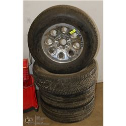GROUP OF 4 ASSORTED TIRES WITH ONE 6 BOLT RIM