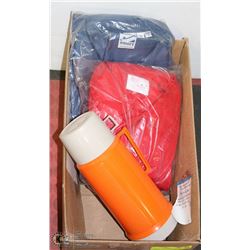2 NEW COVERALLS WITH LARGE VINTAGE THERMOS