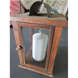 Wood Hurricane Lantern with large candle / great for patio or deck