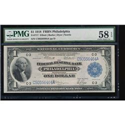 1918 $1 Philadelphia Federal Reserve Bank Note PMG 58EPQ