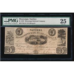 1839 $5 Mississippi Railroad Company Obsolete Note PMG 25