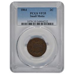 1864 Small Motto 2 Cent Coin PCGS VF35