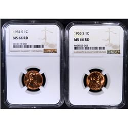 1954-S & 55-S LINCOLN CENTS NGC MS-66 RD