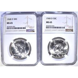 2-1968-D KENNEDY HALF DOLLARS, NGC MS-65