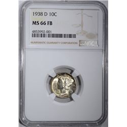 1938-D MERCURY DIME, NGC MS-66 FB