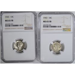 2-1943 MERCURY DIMES, NGC MS-65 FB