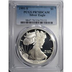 1991-S AMERICAN SILVER EAGLE, PCGS PR-70 DCAM