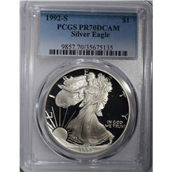 1992-S AMERICAN SILVER EAGLE, PCGS PR-70 DCAM