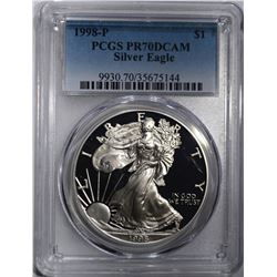1998-P AMERICAN SILVER EAGLE, PCGS PR-70 DCAM