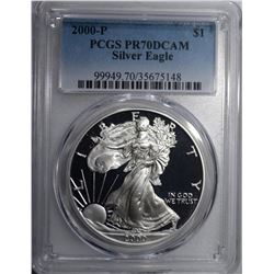 2000-P AMERICAN SILVER EAGLE, PCGS PR-70 DCAM