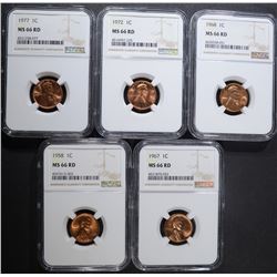 5 P MINT LINCOLN CENTS NGC MS-66 RD