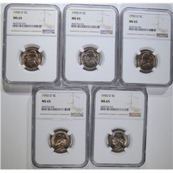 5 - 1950 D JEFFERSON NICKELS NGC MS65