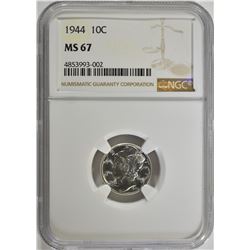 1944 MERCURY DIME, NGC MS-67