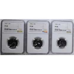 1955, 56 & 57 WASHINGTON QUARTERS, NGC PF-68