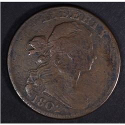 1802 DRAPED BUST LARGE CENT, STEMLESS VF+
