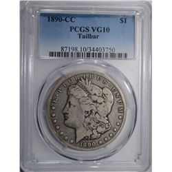 1890-CC MORGAN SILVER DOLLAR PCGS VG10 TAILBAR